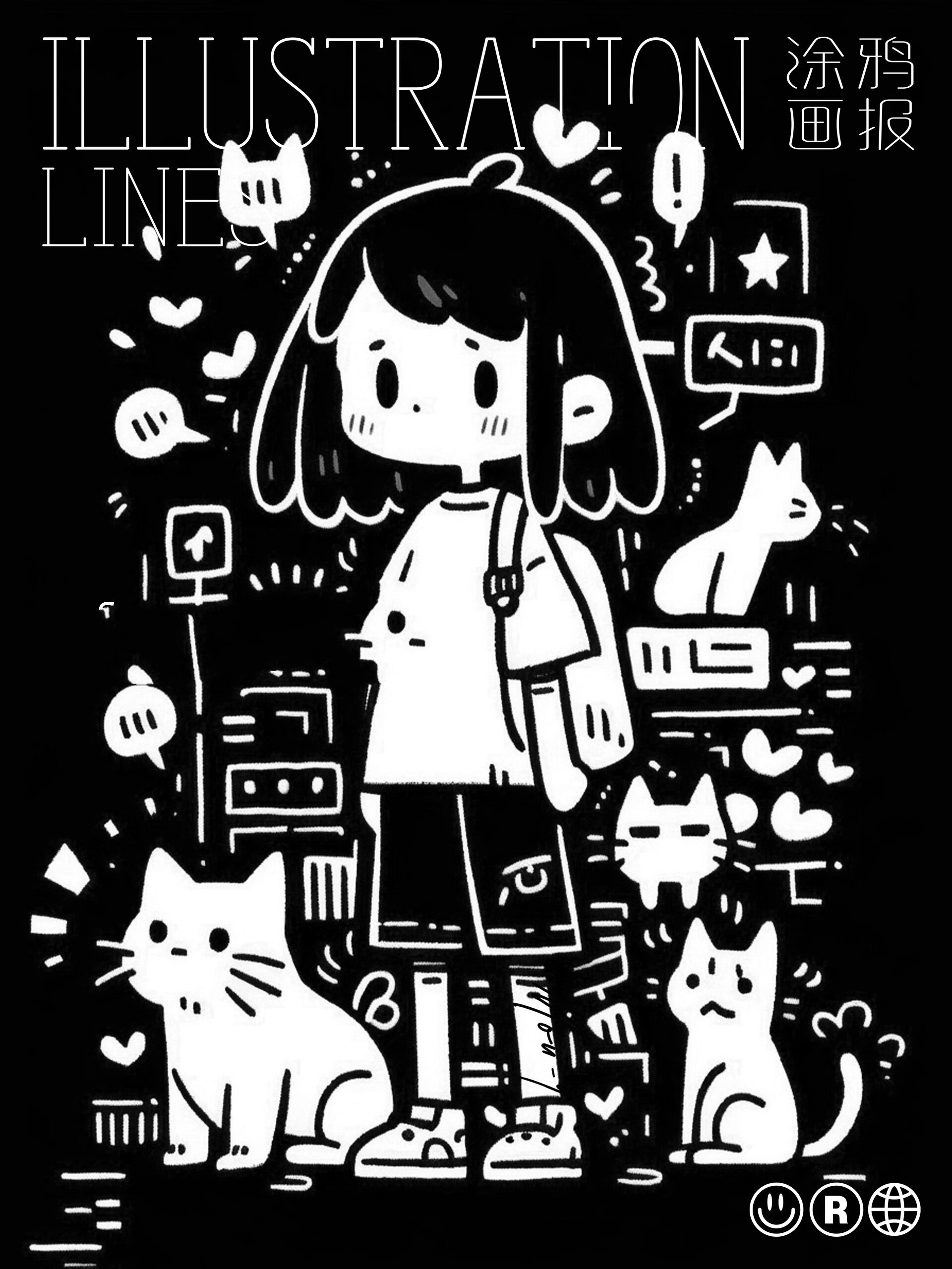 黑白涂鸦74绘画|探寻小女孩与猫的故事94