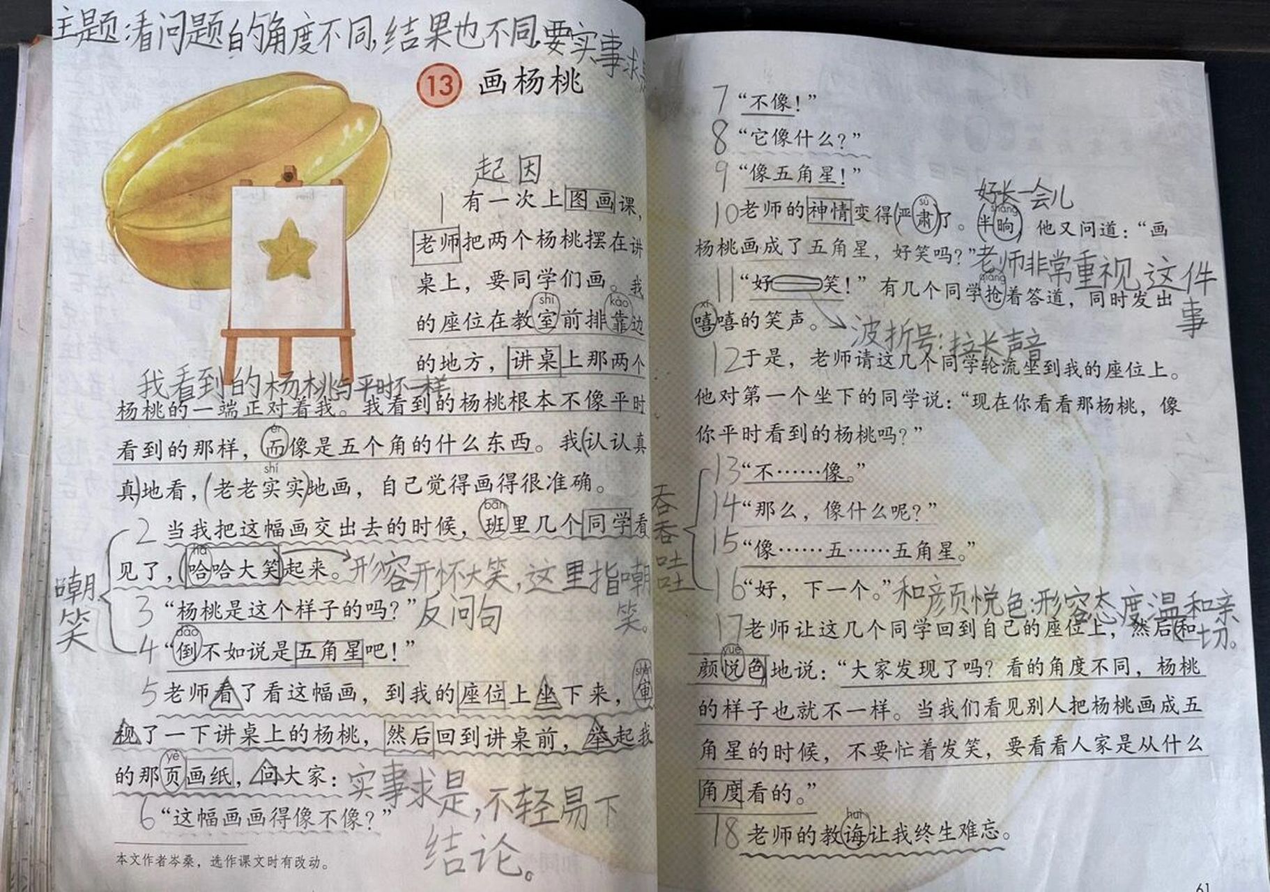 二下语文第13课《画杨桃》板书笔记 从不同的角度看问题会有不同的