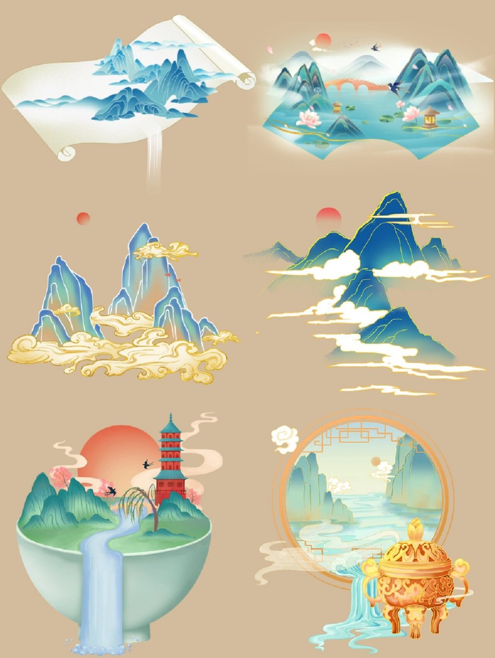100佳款中国风山水祥云插画元素psd素材国潮 山水美如画,共赏风景色.