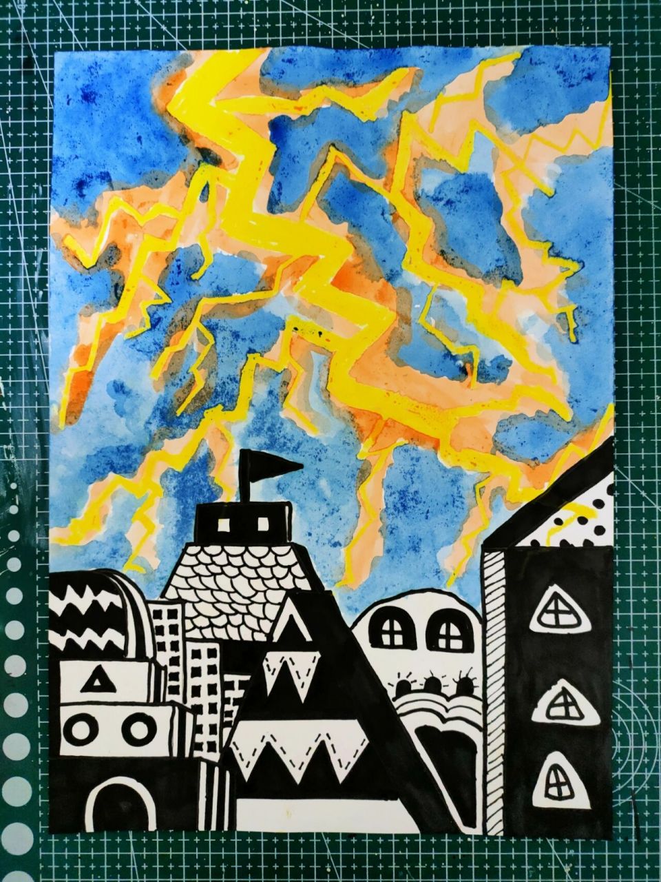 闪电雷鸣(儿童画) 闪电雷鸣lighting thunder  材料:蜡笔,水彩,黑色