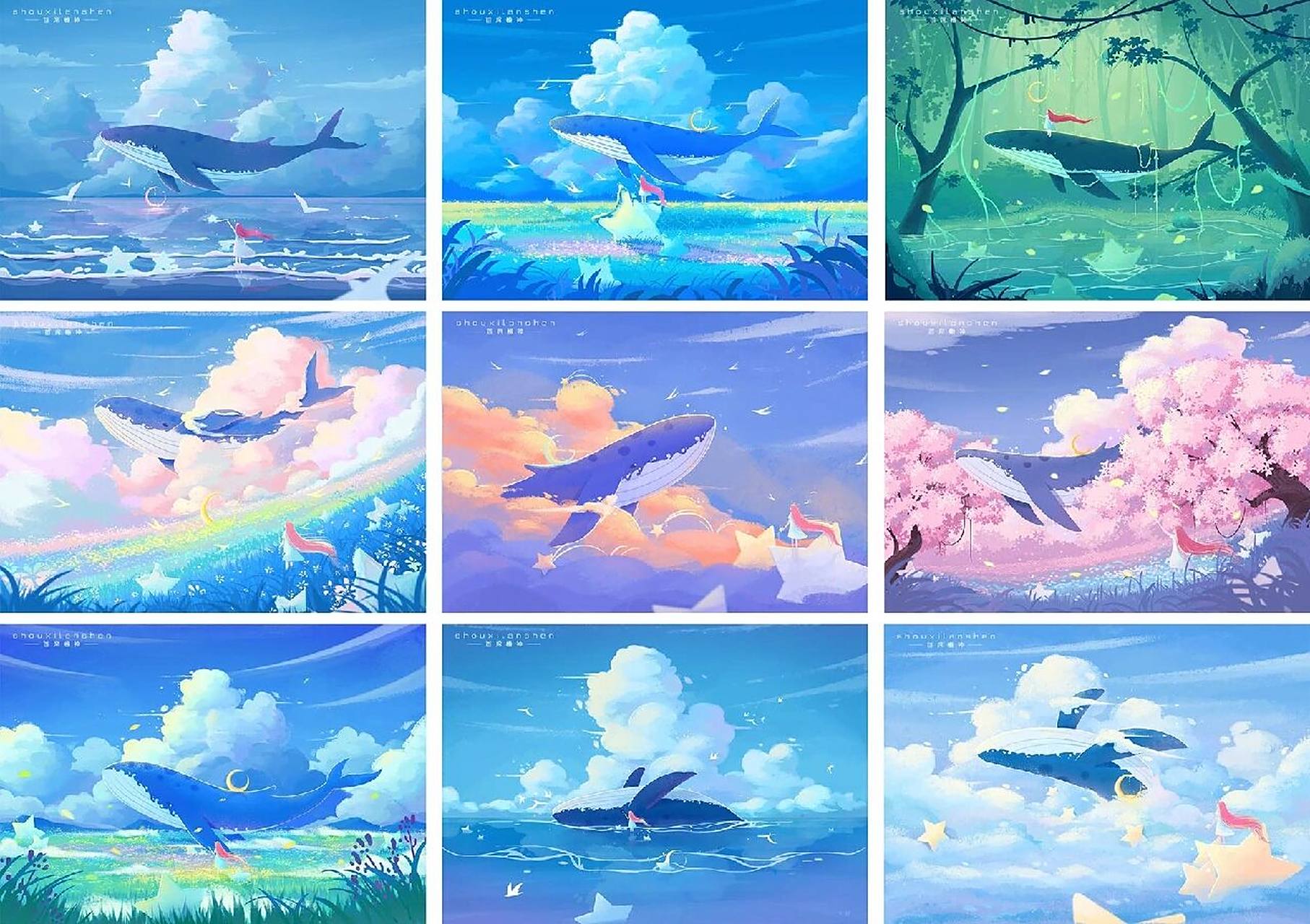 鲸缘画了9张,不画了 梦幻唯美治愈鲸鱼云朵 摸了1.