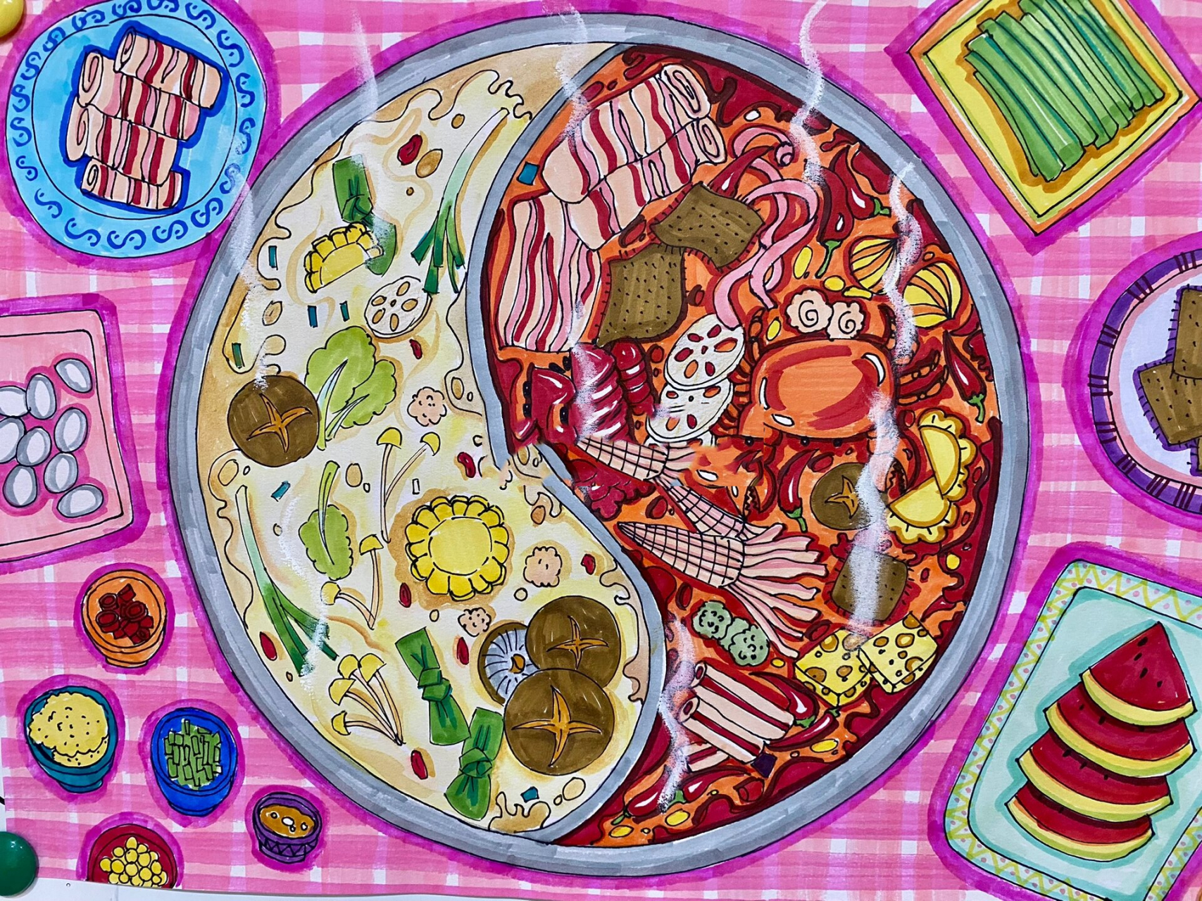 儿童画《火锅》,附线稿哦 马克笔儿童画《火锅》,适合年龄7-8岁