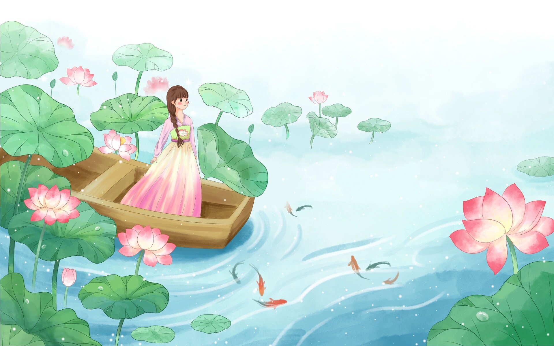 91夏天荷花国潮立夏荷花插画立夏节气psd素材 91彩色卡通手绘工笔