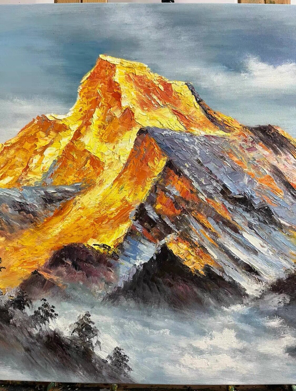 手绘油画—雪山金山风景 纯手绘油画,立体厚涂,雪山金山风景画60×90