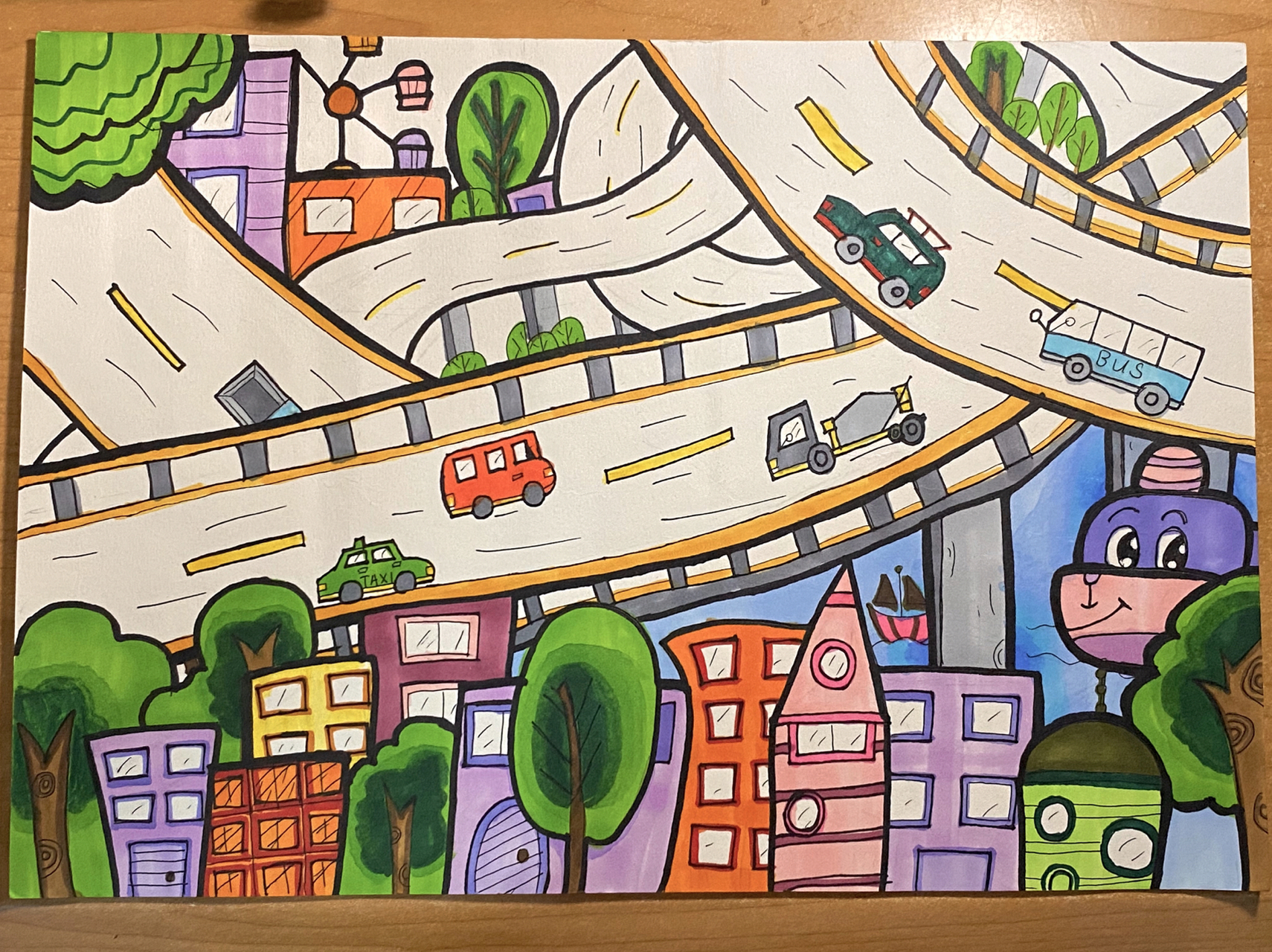 城市马路简笔画彩色图片