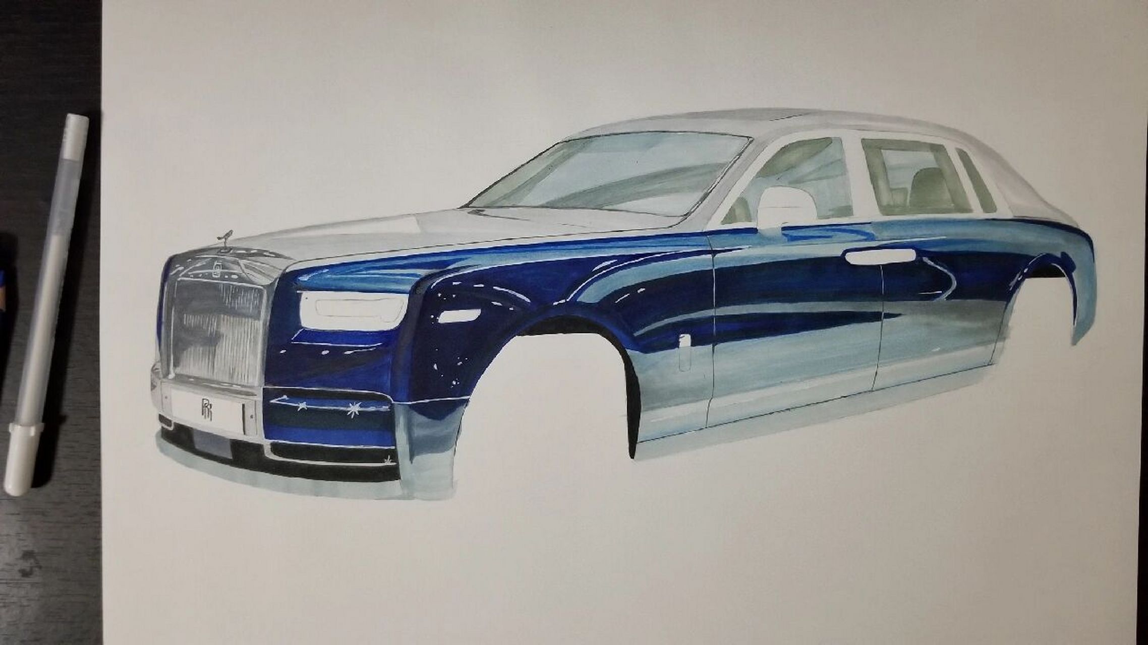 【汽车手绘】马克笔手绘劳斯莱斯幻影 依旧是两年前的作品,蓝白双拼的