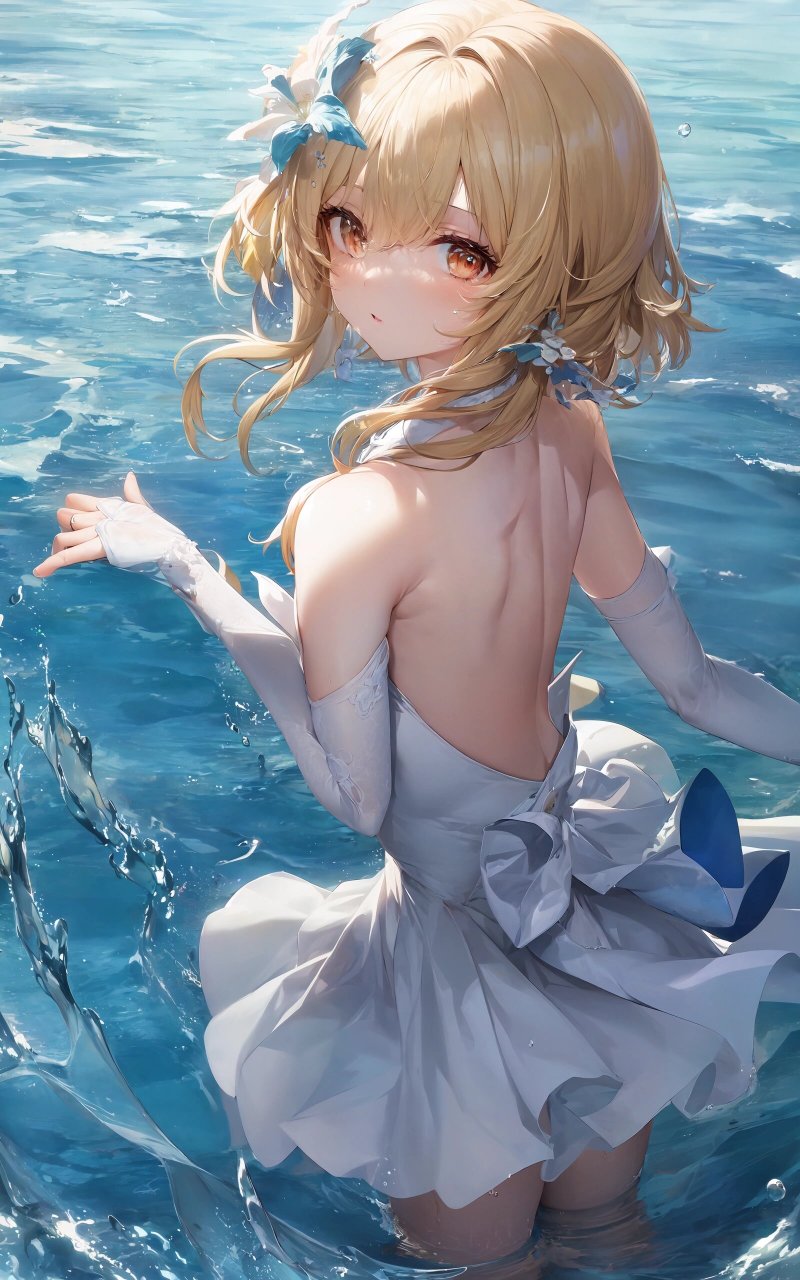 原神:荧美图分享 旅行者,来和我一起看海吧!