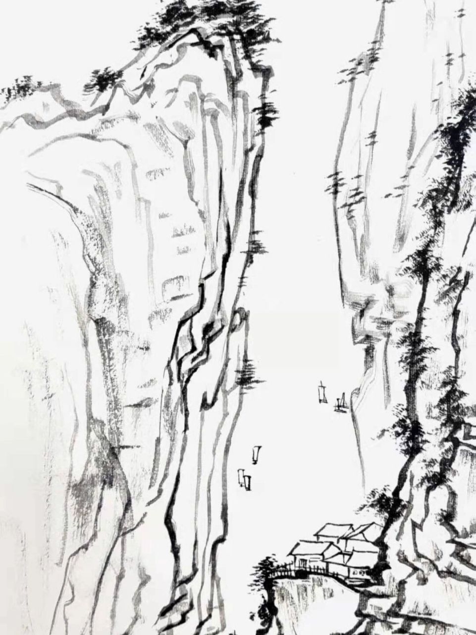 这是一幅写意山水画,整体的画面比较的偏平面化,并不是完全写实的.