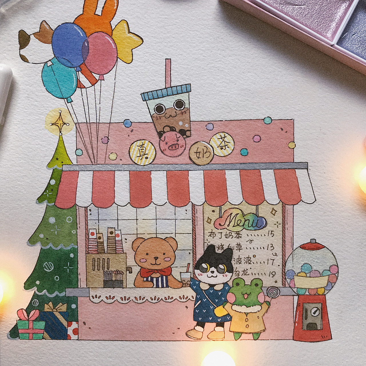 画了间比较接地气的奶茶店 颜色基本上都是用了糖果色 觉得颜色不够