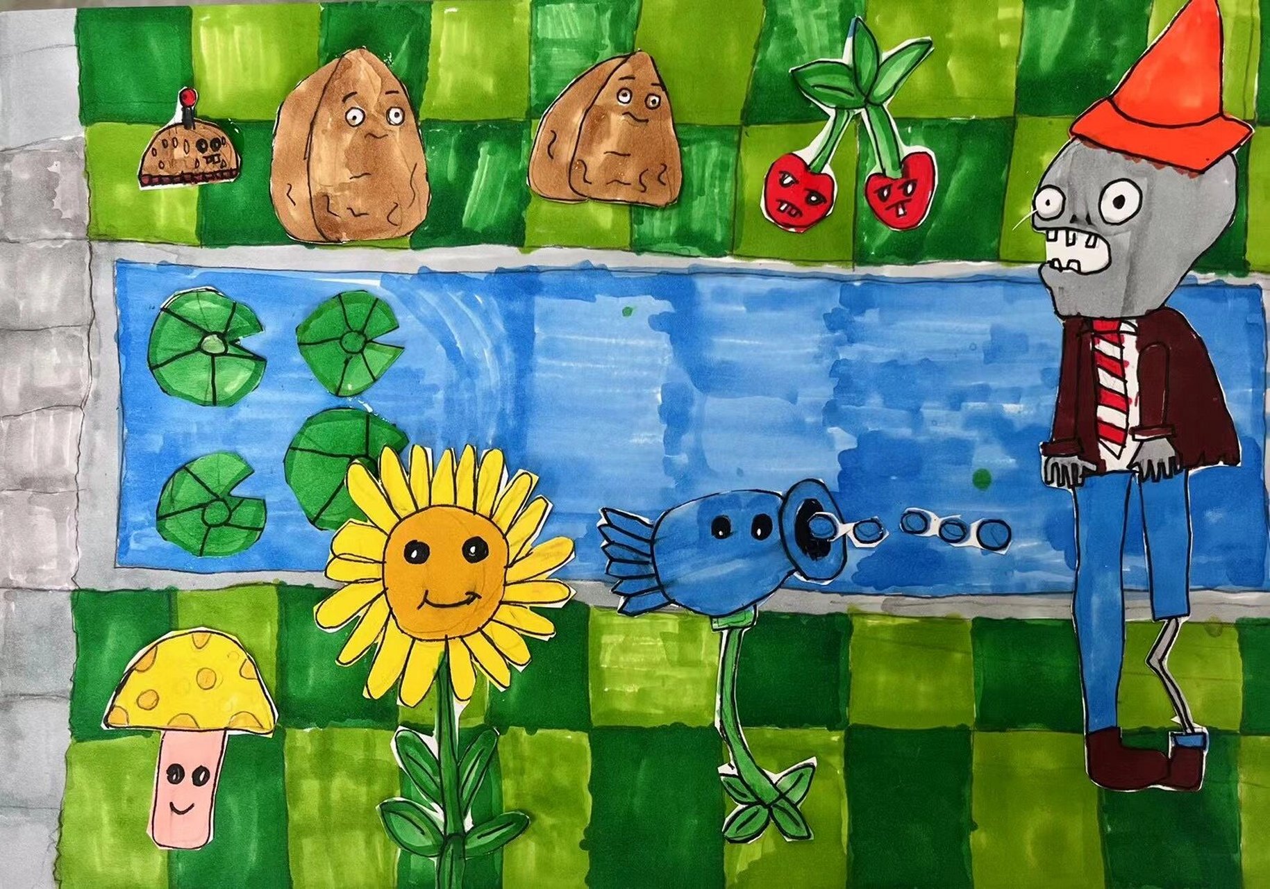 游戏绘画——植物大战僵尸 7-9岁学生作品,2课时,除了剪纸需要老师