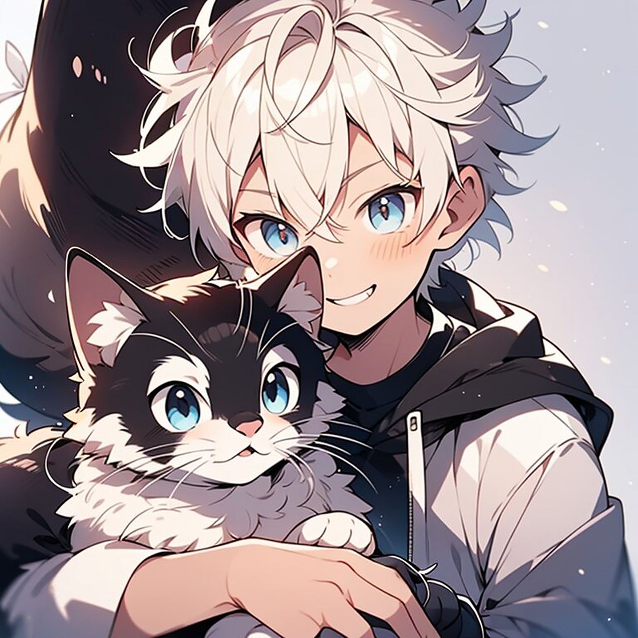 ai咒语 动漫男孩抱着猫,干净的背景,卡通特色,可爱的男孩,肖像,特写