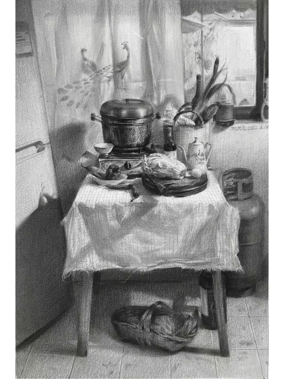 设计素描《厨房一角》 桌上的辣椒,大白菜,一看就很有年代感的砧板,y