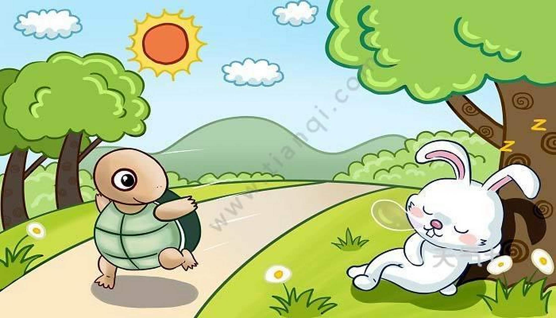 有一天,兔子碰见乌龟,笑眯眯地说:"乌龟,乌龟,咱们来赛跑,好吗?