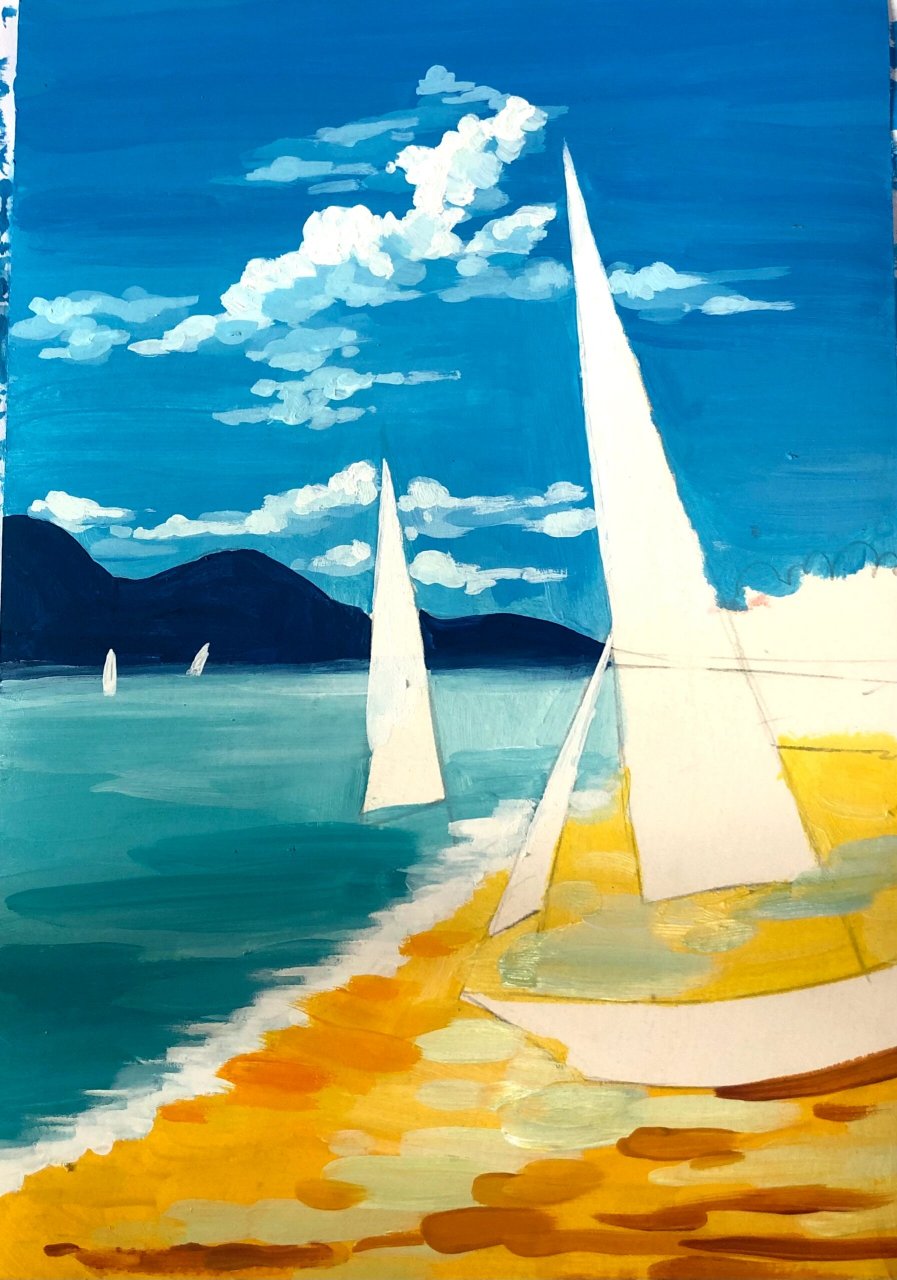 水粉丙烯风景画《海边帆船》 我想静静的呆在海边,吹着海风,看着日落