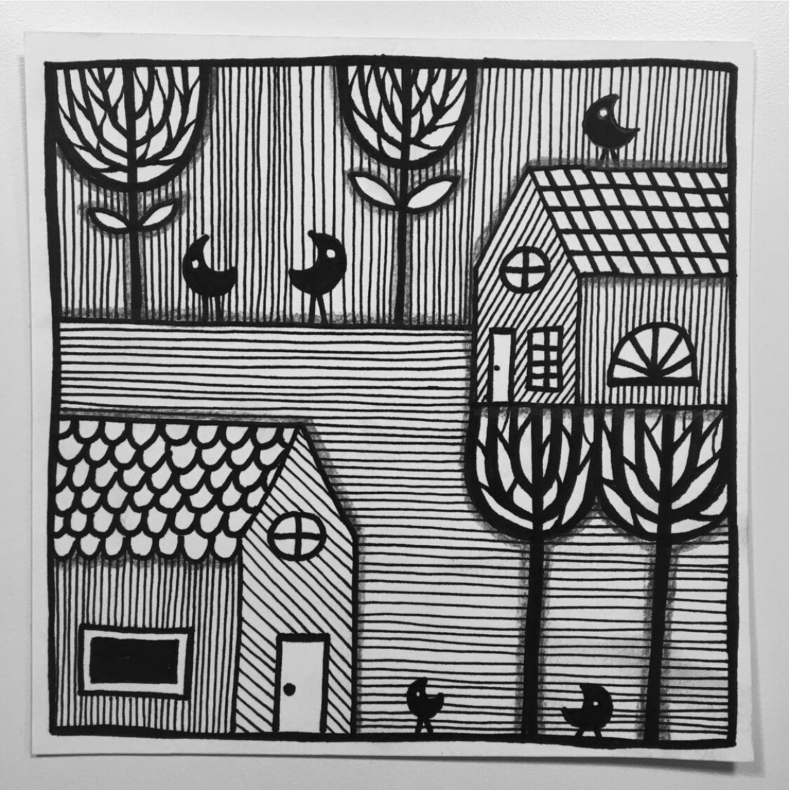 黑白线描装饰画 房屋与风景
