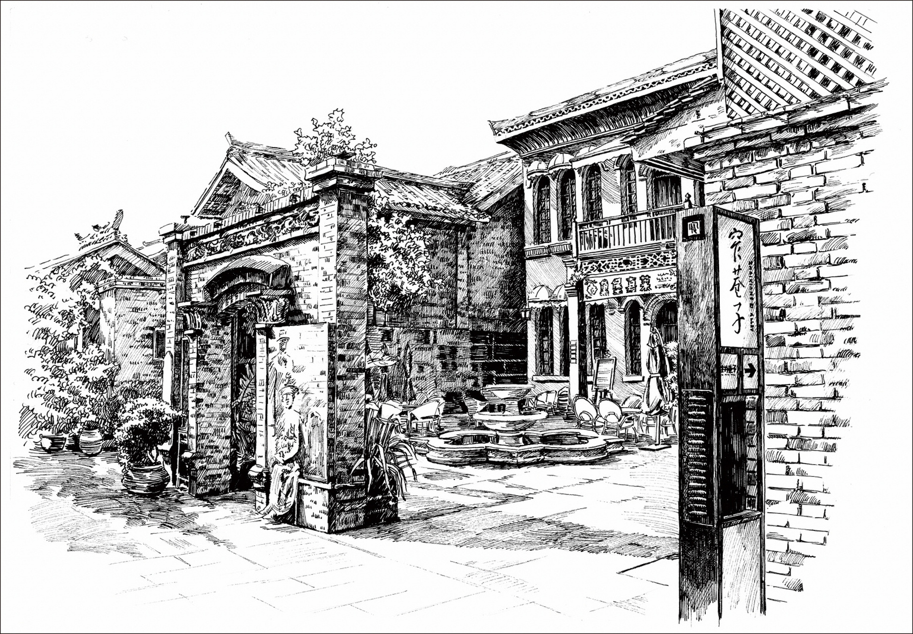 手绘钢笔画,成都及其周边景点 锦里,武侯祠,宽窄,杜甫草堂,洛带古镇