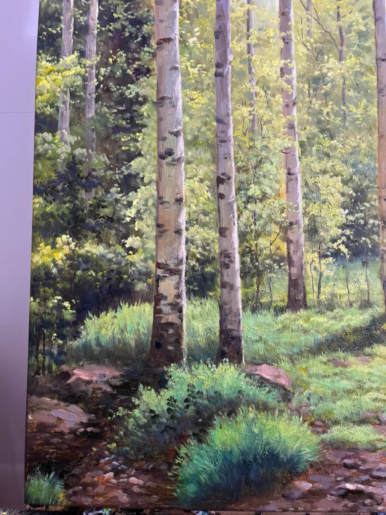 手绘油画～《白桦树》 纯手绘油画风景画 临摹作品白桦林60×80厘米带