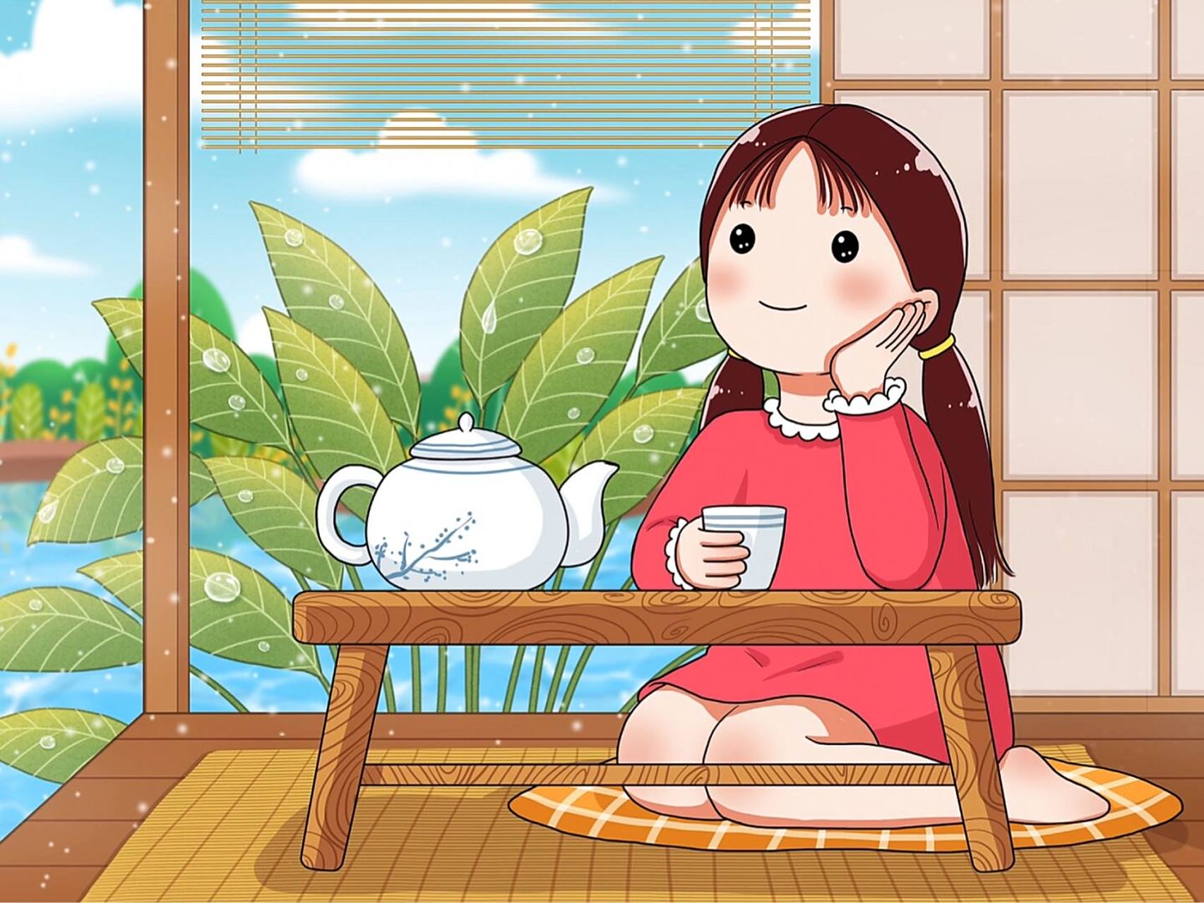 上,绿叶尖上……于湖中,然再于大树下老奶奶烧火煮茶…… 95喝茶,煮