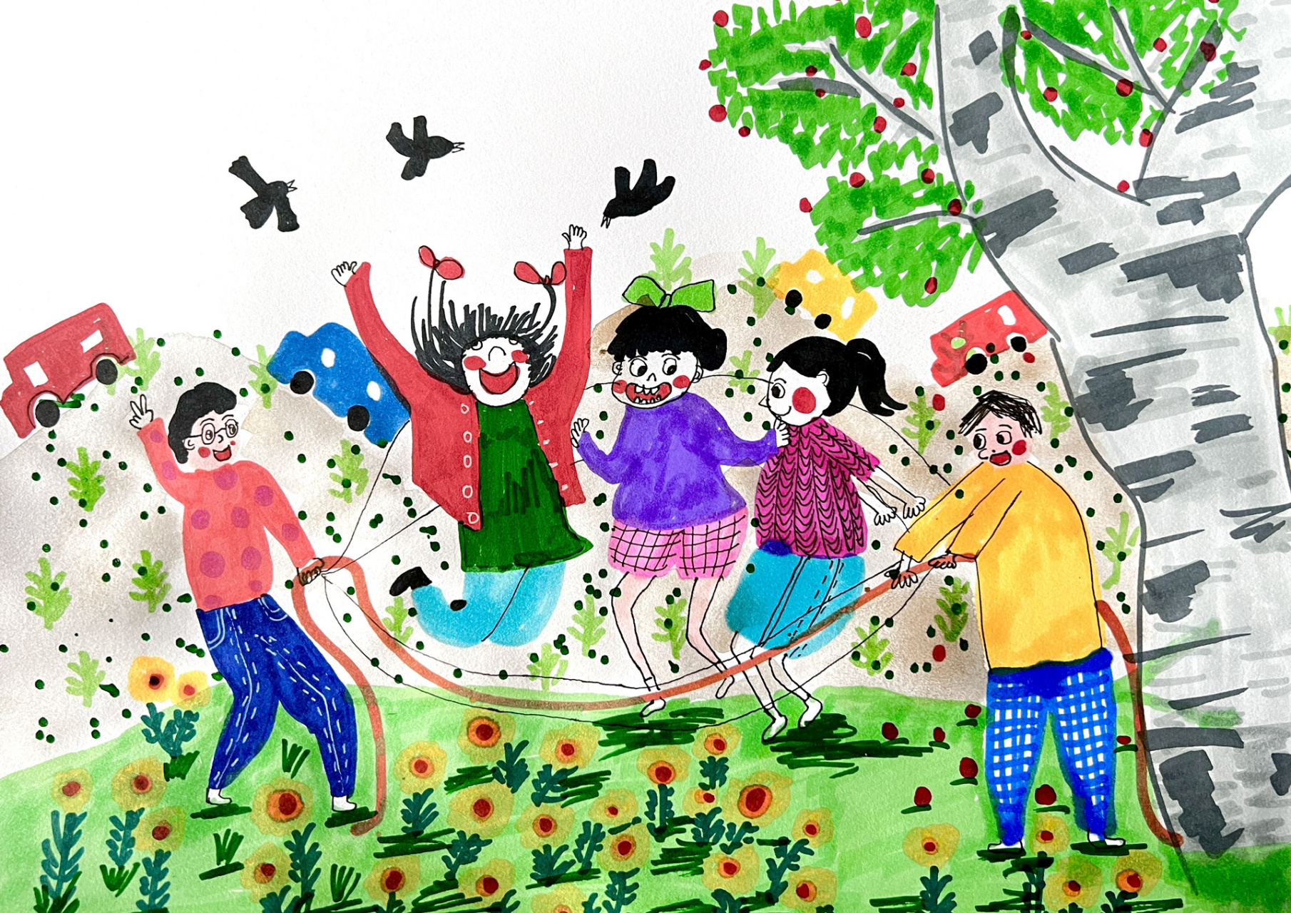 《跳大绳》创意儿童画 这样的集体活动 越来越少见了