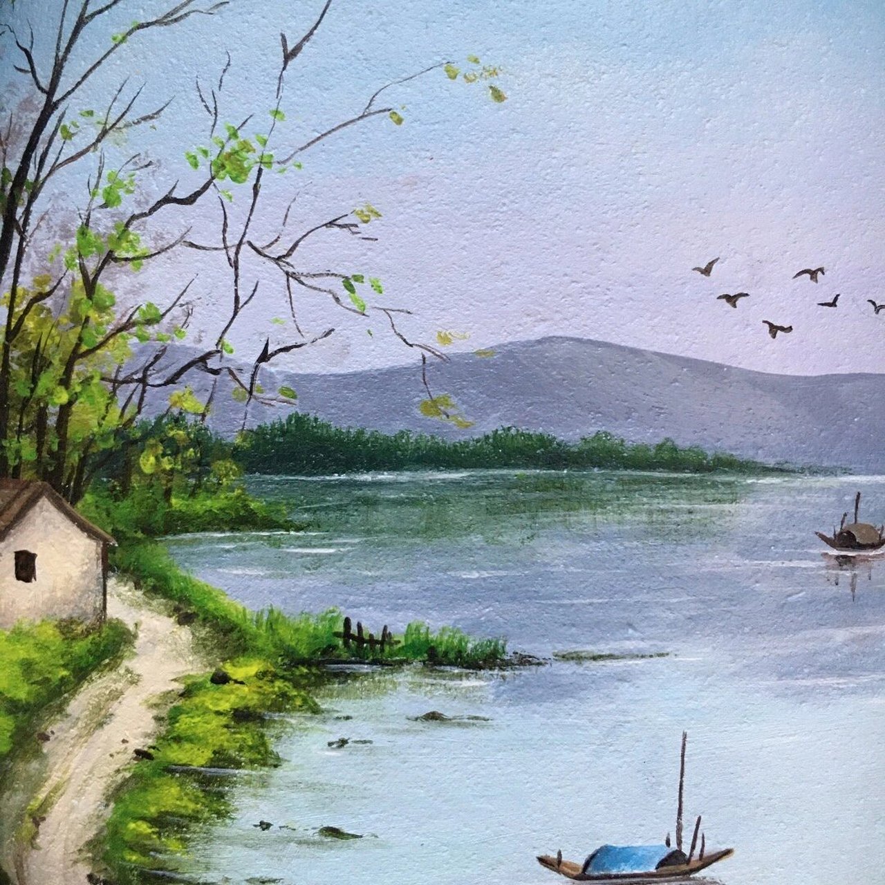 手绘石头画风景画 湖上微风入槛凉,翻翻菱荇满回塘.