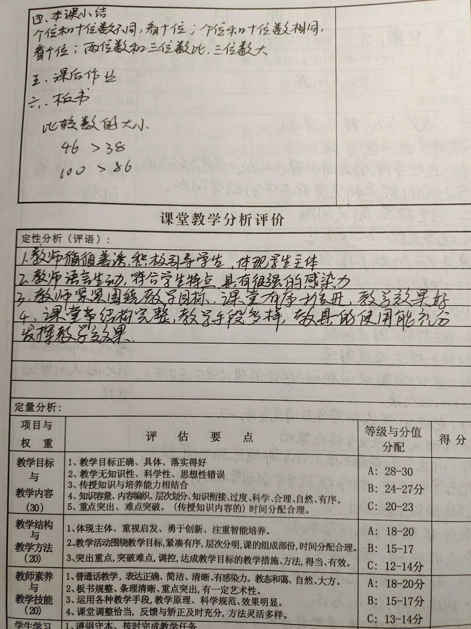 一年级数学听课记录《比较数的大小》