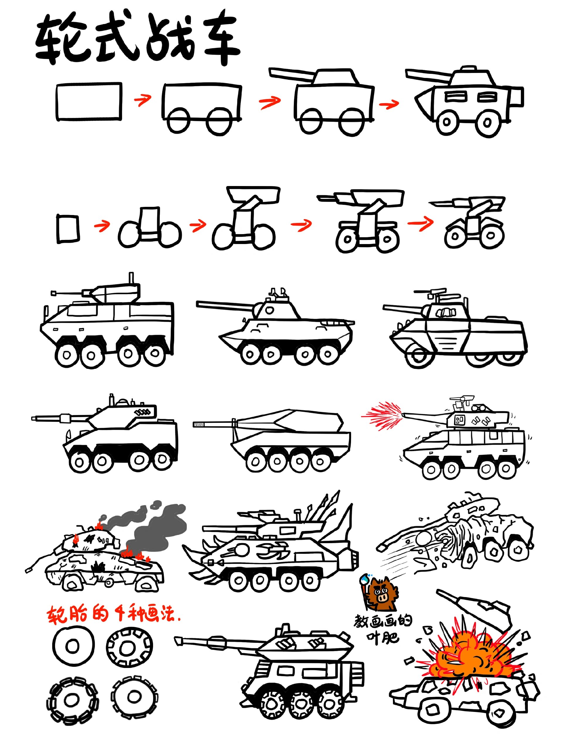 轮式战车坦克车,创意儿童画简笔画卡通漫画