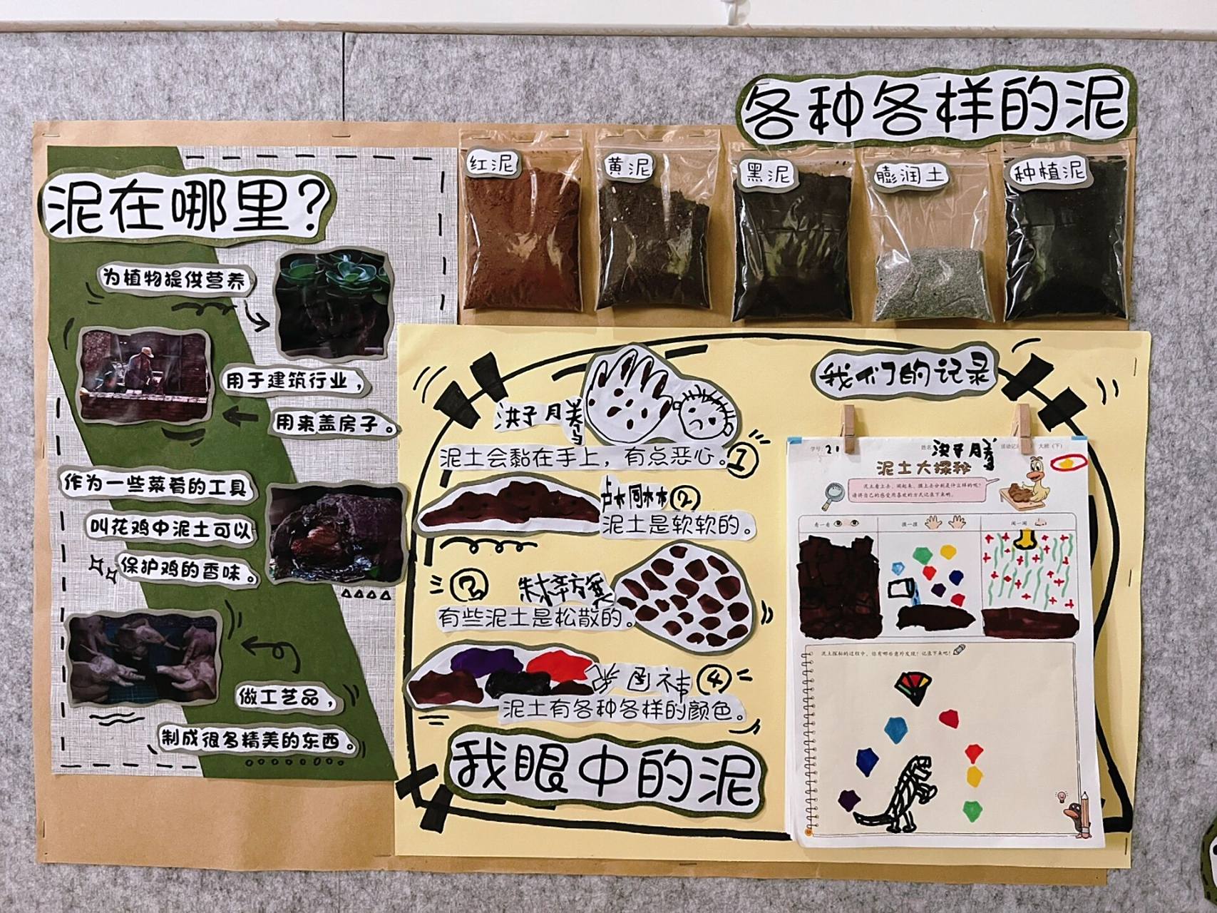 主题墙·泥土的秘密～      1.泥在哪里 2.我眼中的泥 3.