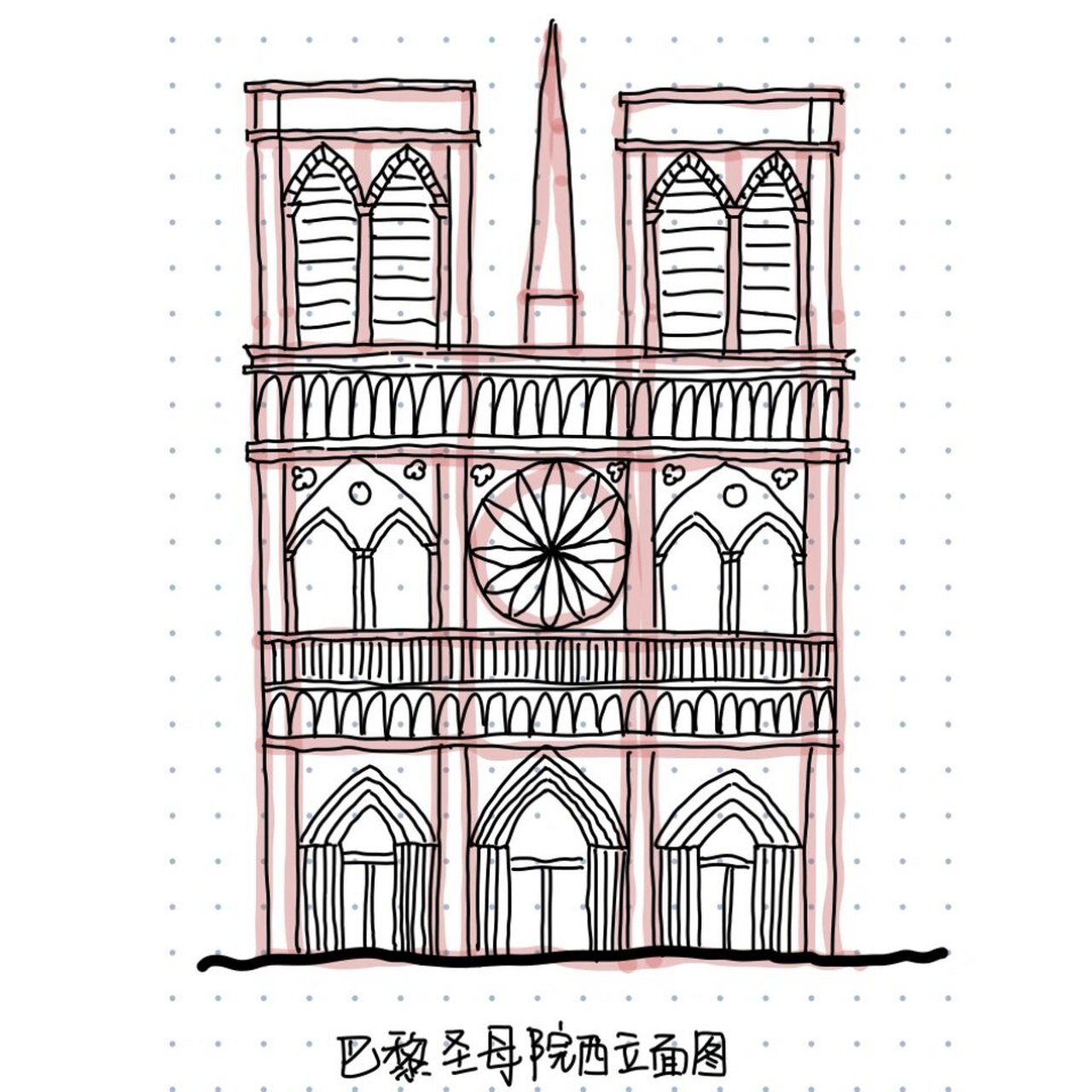 建筑史手绘图册25 巴黎圣母院西立面图 佛罗伦萨主教堂立剖面图