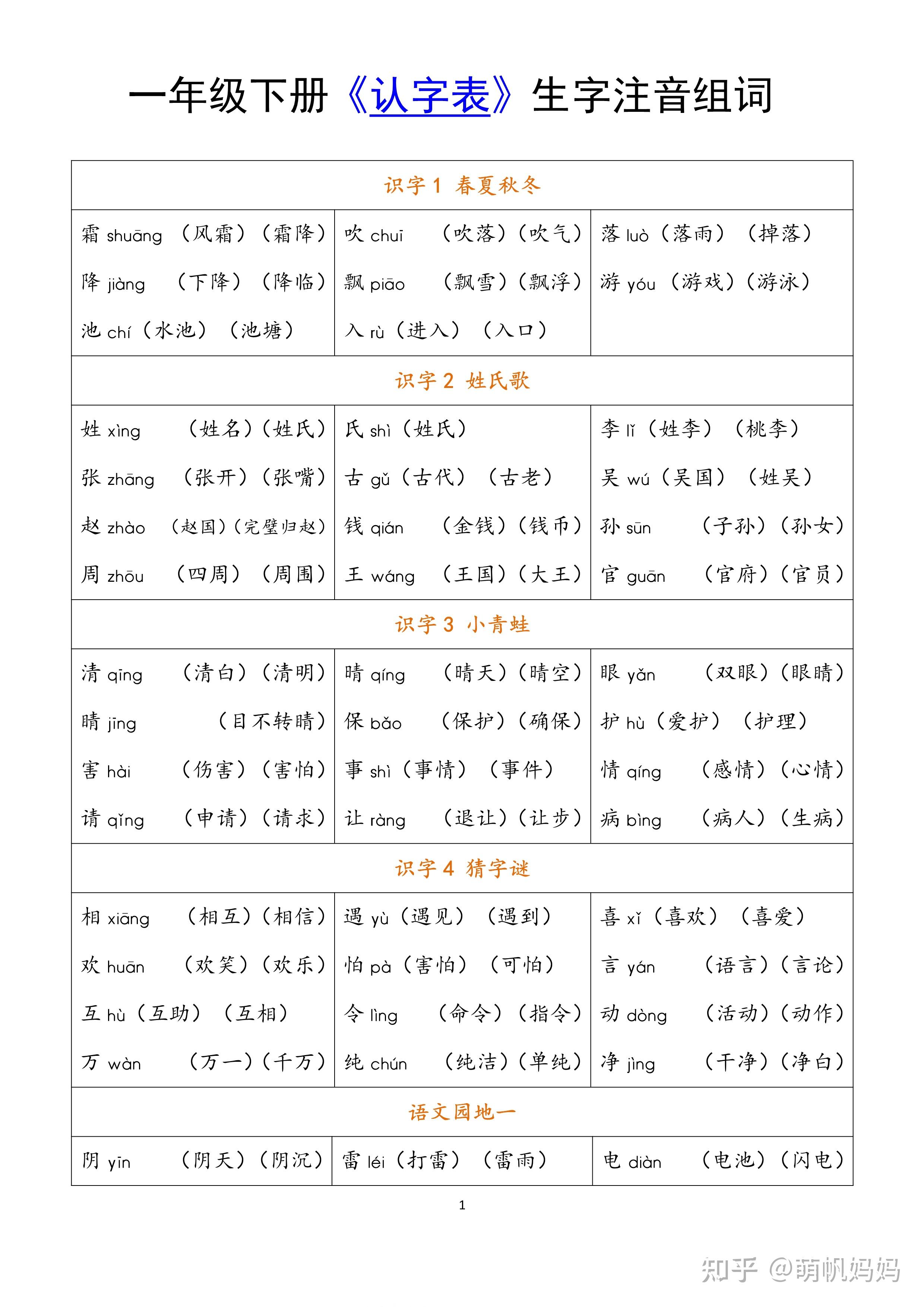 一年级下学期识字表图片