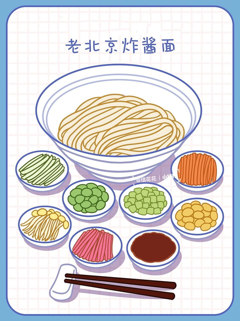 原创美食插画78北京菜系|老北京炸酱面简笔画 恬花花简笔画小课堂第