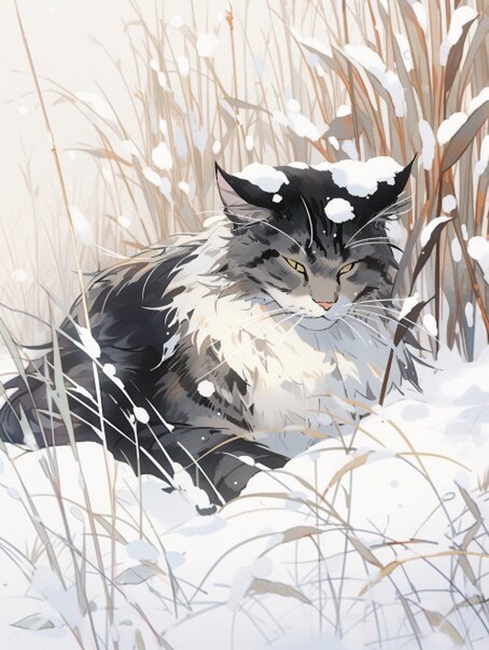 氛围感头像 | 国风小猫咪工笔水墨画 落雪后的野草深处 一只毛蓬蓬的