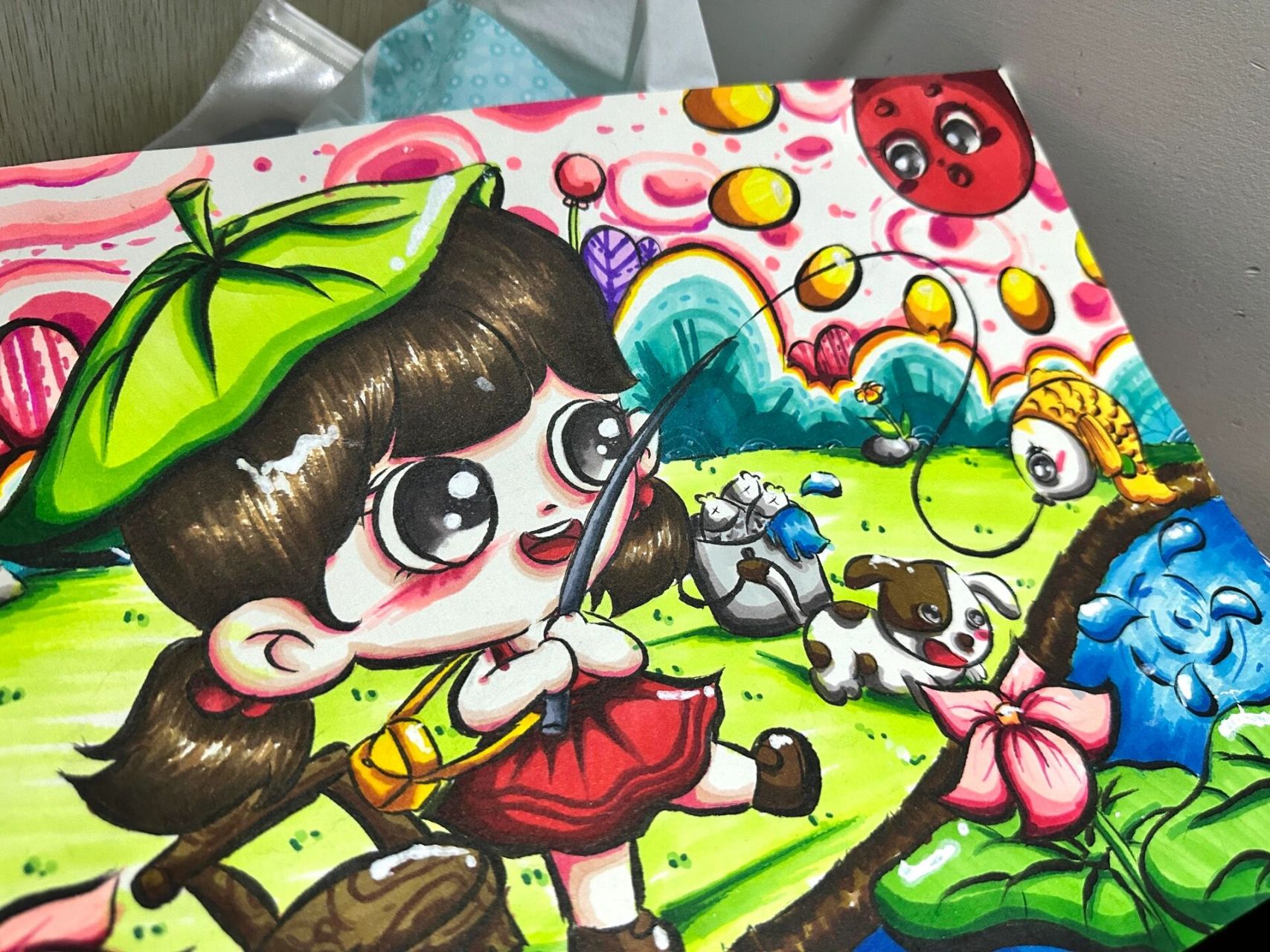 儿童画《钓鱼》(●°u°●) 原创 听说有小伙伴想看横构图,这就来啦!