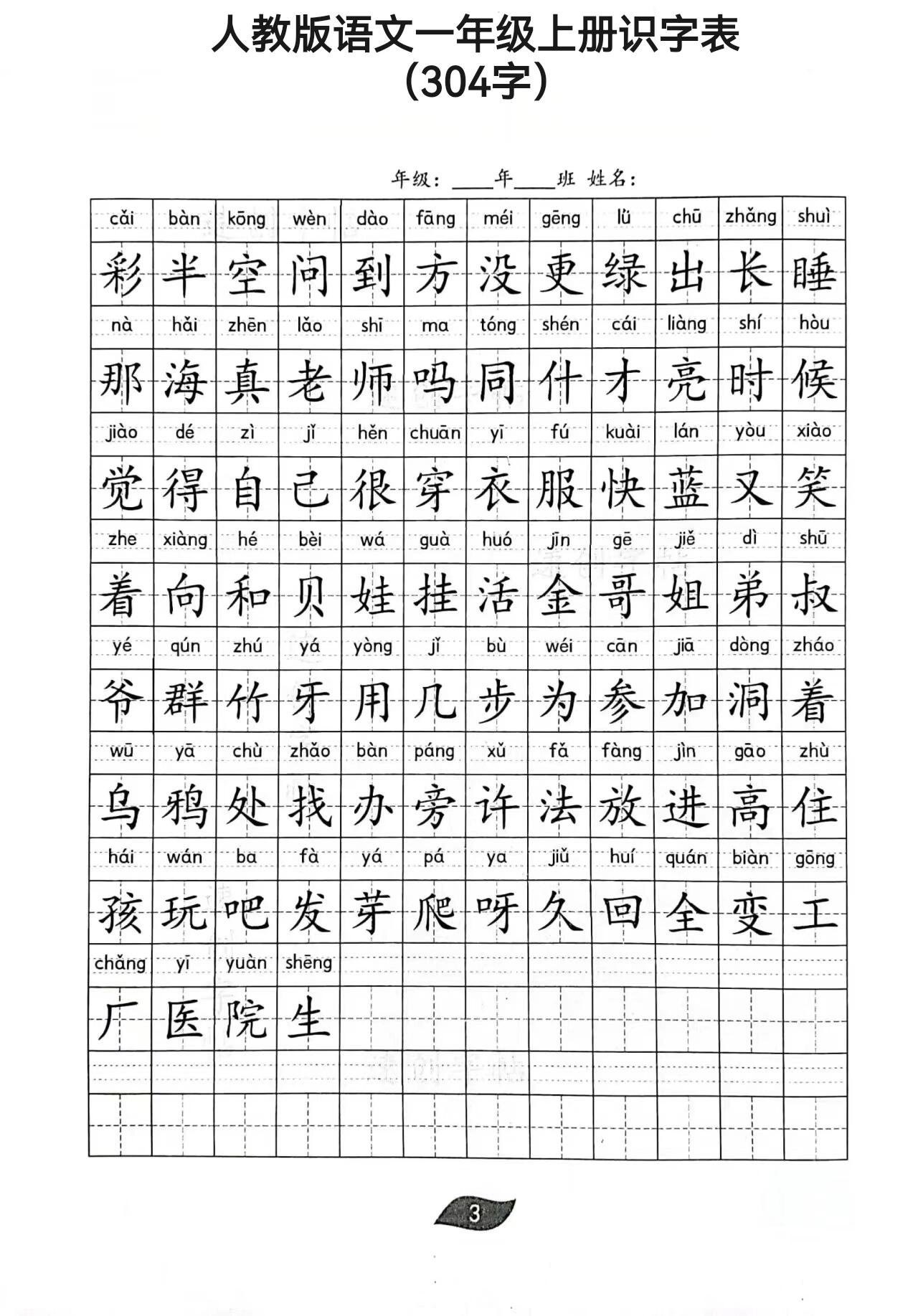 人教版语文一年级上册识字表可打印