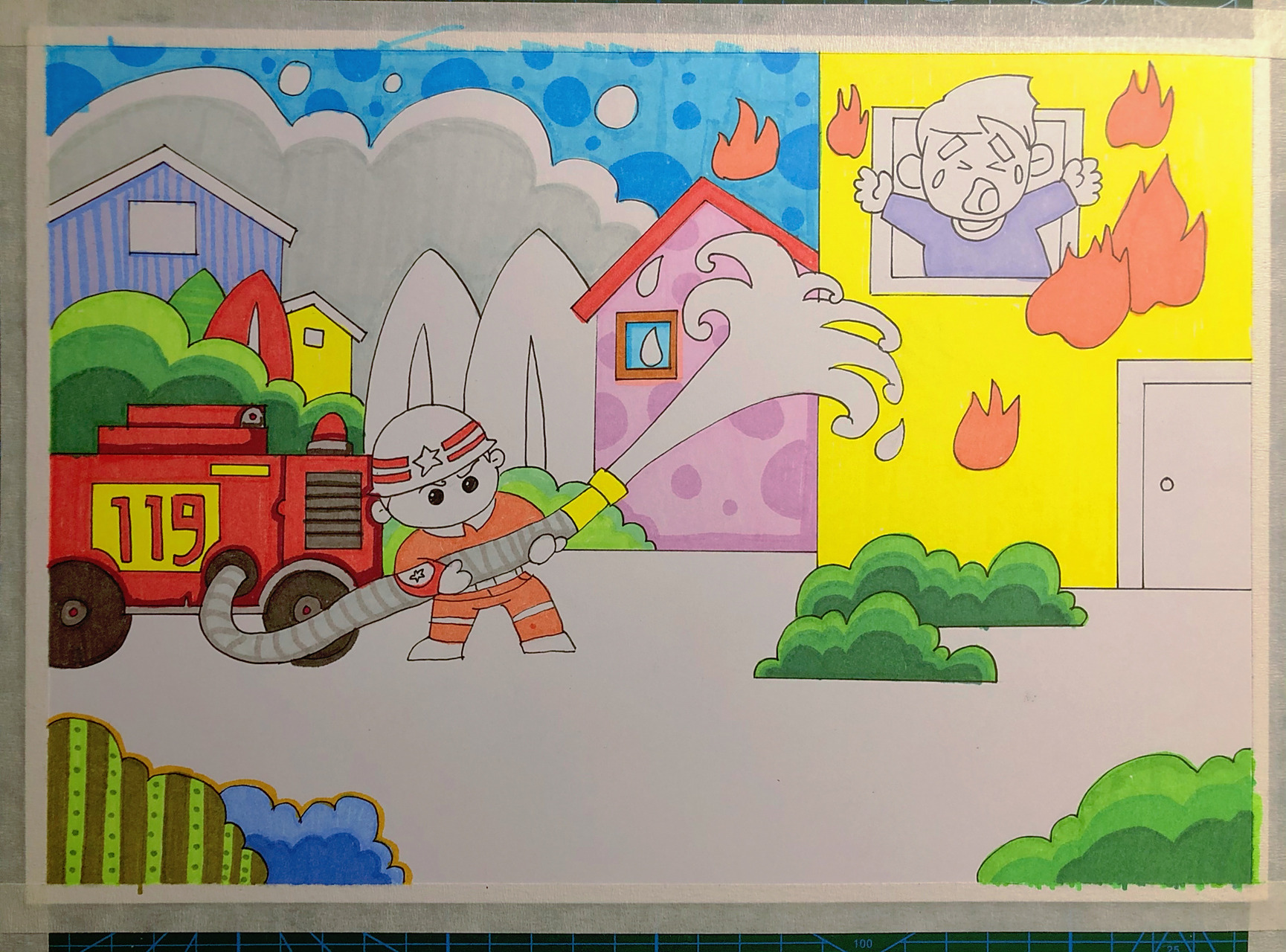 手绘儿童画 马克笔 消防主题 救火小英雄 临摹于网络 尺寸:a4 工具:马