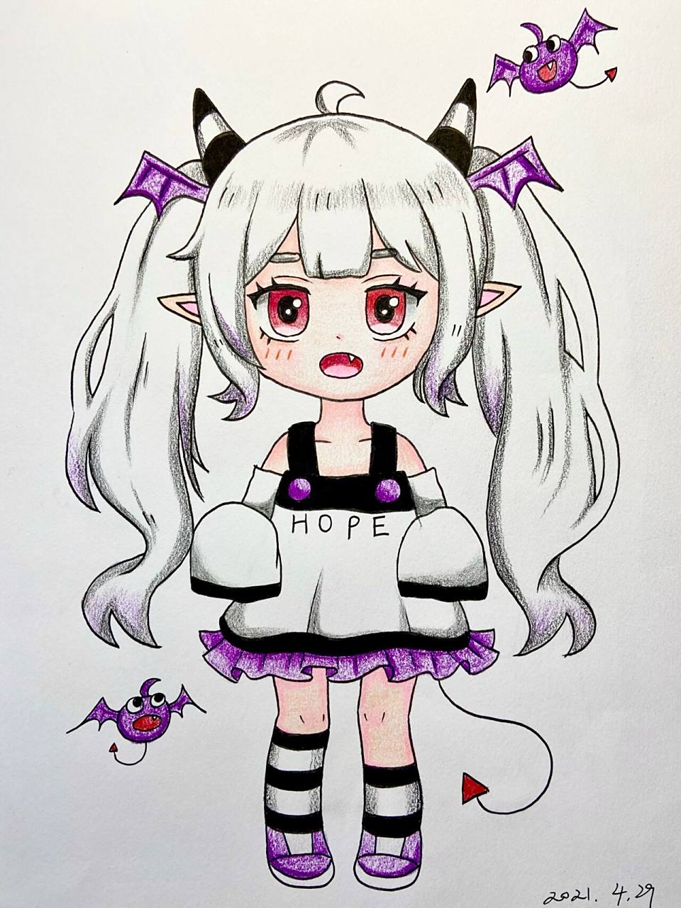 【恶魔小女孩94】彩铅漫画人物q版简单儿童画 使用材料:三菱勾线笔