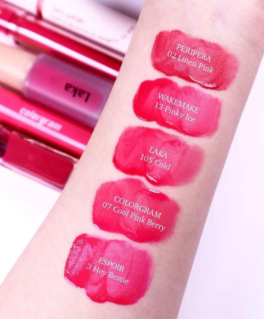 韩系女团唇釉试色 显白 peripera 02 linen pink wakemake 13 pinky