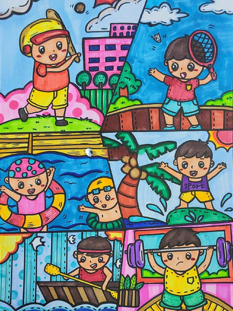 运动主题儿童画 手抄报可用~ 参考来自:队队龙儿童画 马上要开学了