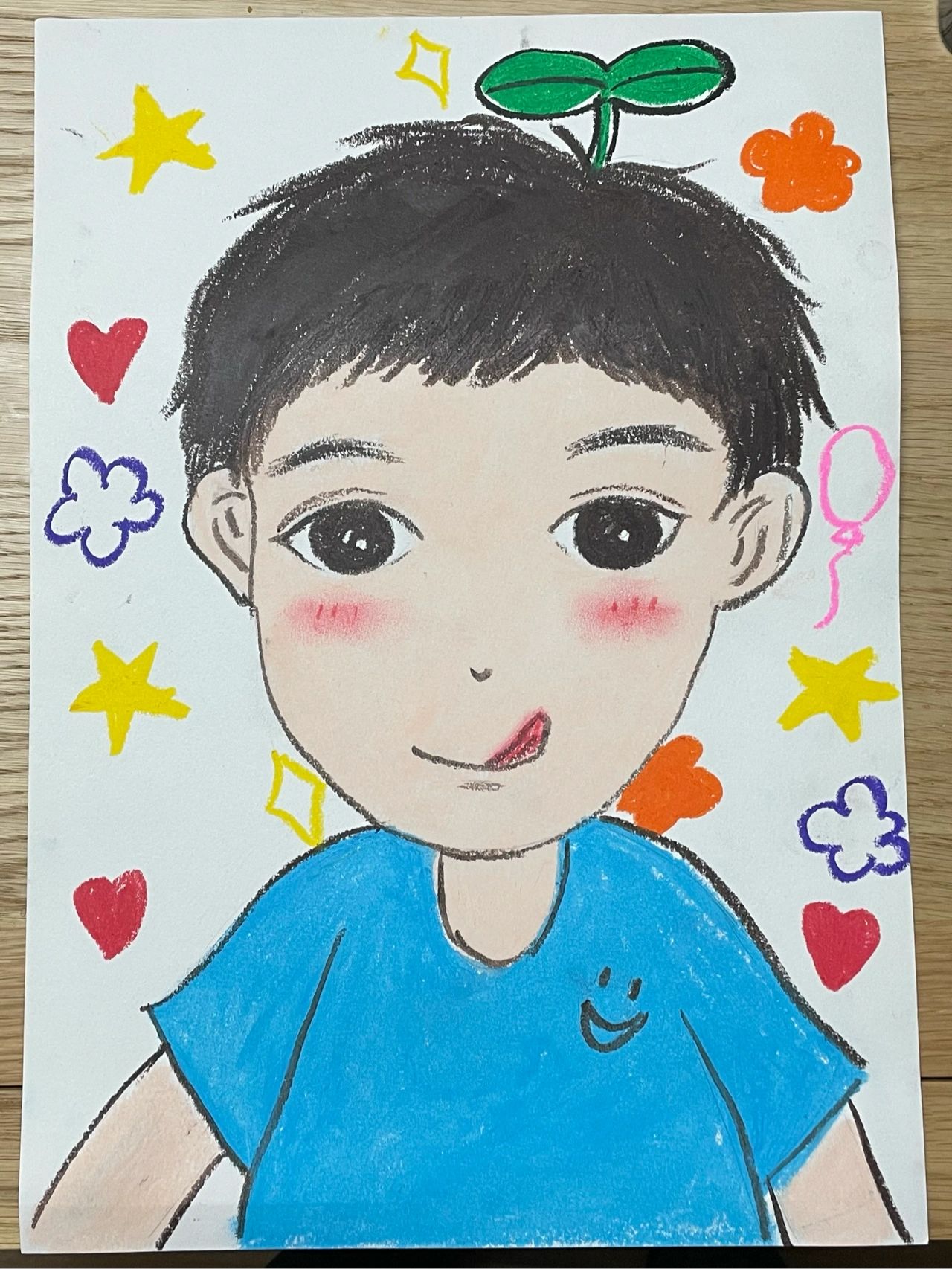 儿童自画像 男孩子蜡笔画