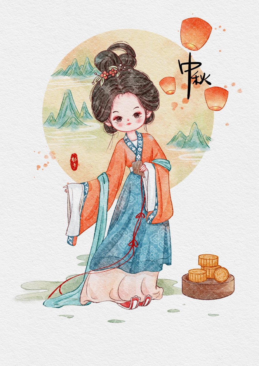 q版古风美女中秋贺图02 原创,禁商用!