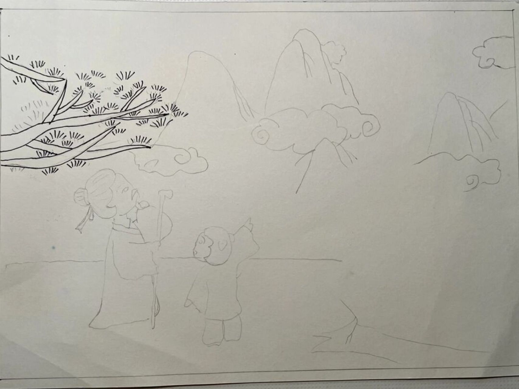 古诗配画《寻隐者不遇》彩图,线稿              古诗《寻隐者不遇》