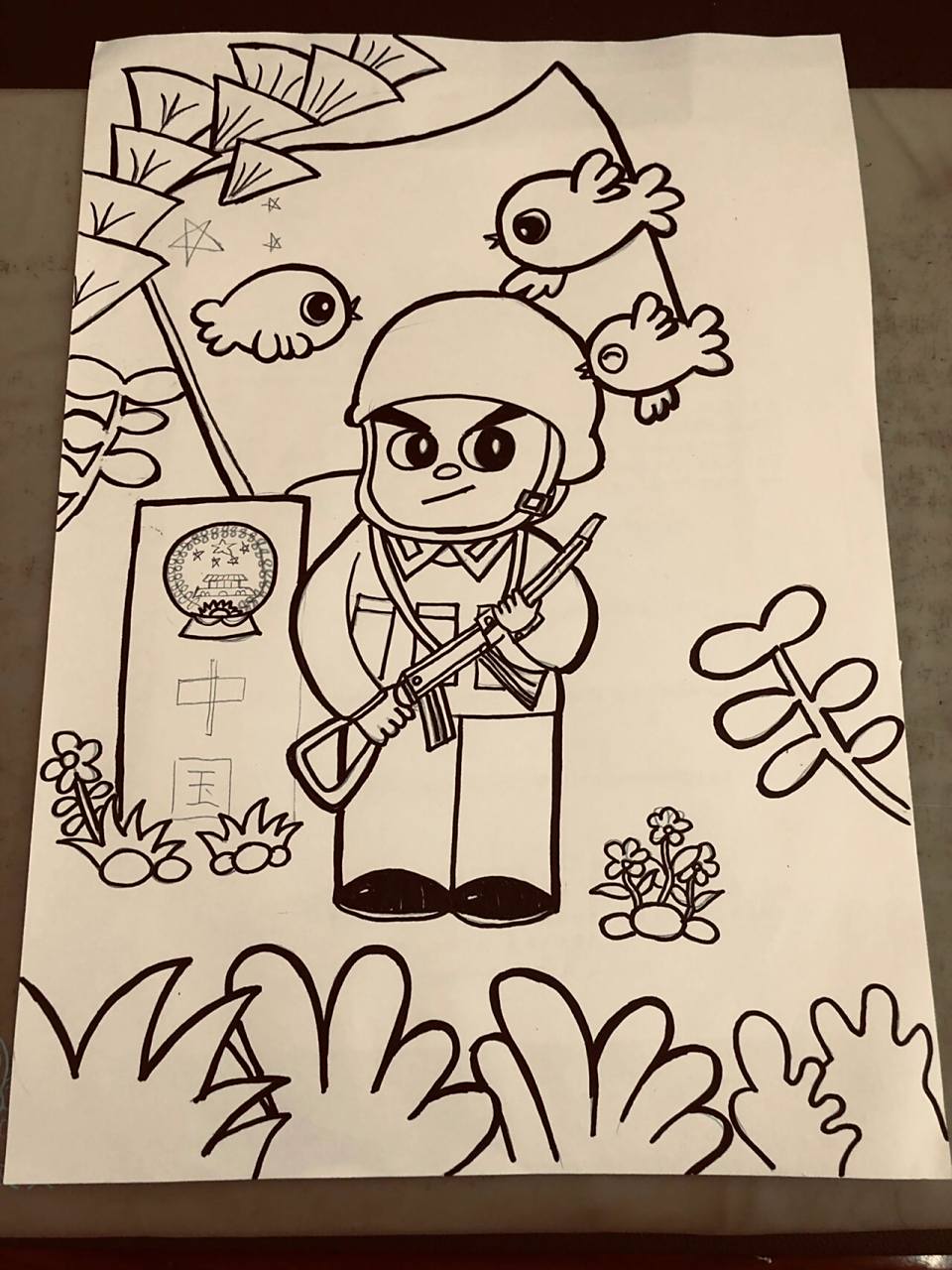 儿童画|爱国主题|附线稿 小学国防教育手抄报 晨光马克笔/36色 简笔画