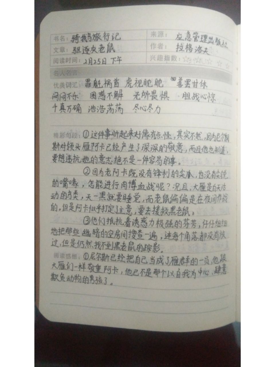 《骑鹅旅行记》读书笔记 读书笔记更新了!好久没更新了,希望大家谅解