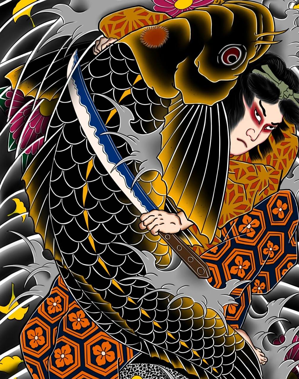 日式满背纹身手稿 鬼若丸杀鲤 耗时三十小时 板绘 软件sai