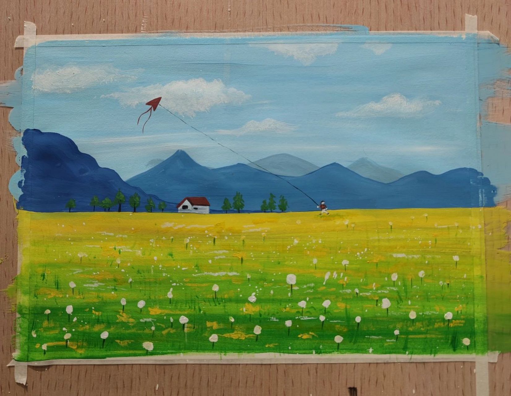 儿童水粉画 春天的景色 放风筝 步骤: 1,画出天空,草地和油菜花田,后