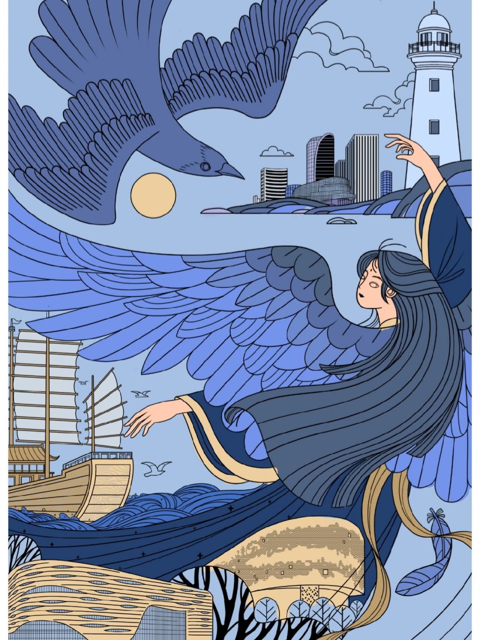 国风插画 / 《山海经61精卫填海》附过程 新国风插画-山海经系列之