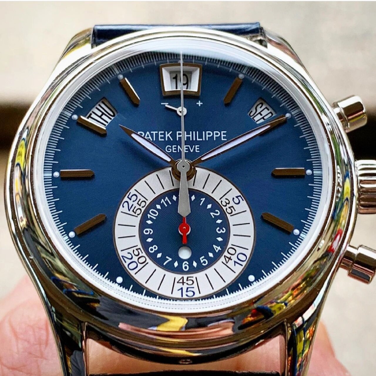 百达翡丽5960p铂金蓝盘正装表     百达翡丽 复杂功能时计系列 5960p