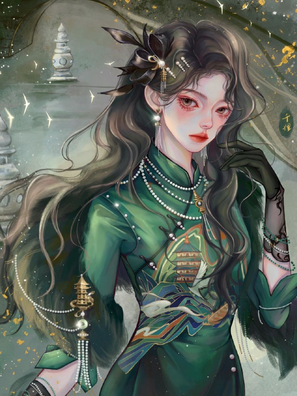 61民国大小姐 画了新倩女幽魂十二周年庆新时装～ 精致的墨绿色旗袍