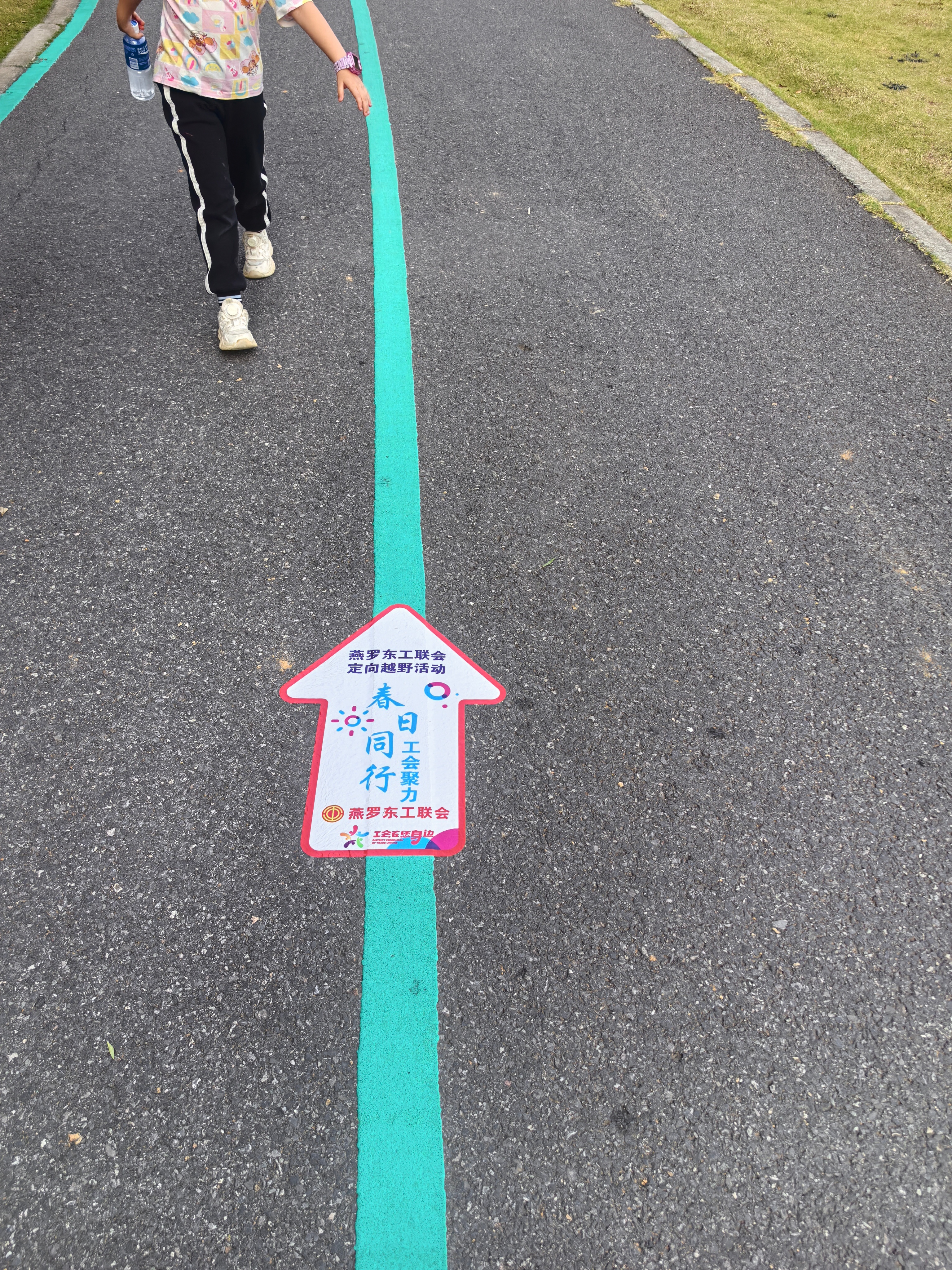 在绿意盎然的公园小道上,跟着箭头标识奔跑探索,感受大自然的清新与