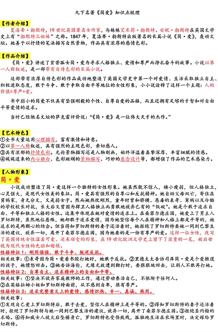 备课|九下名著《简爱》知识梳理 有人评价说:"《简·爱》描写了一个