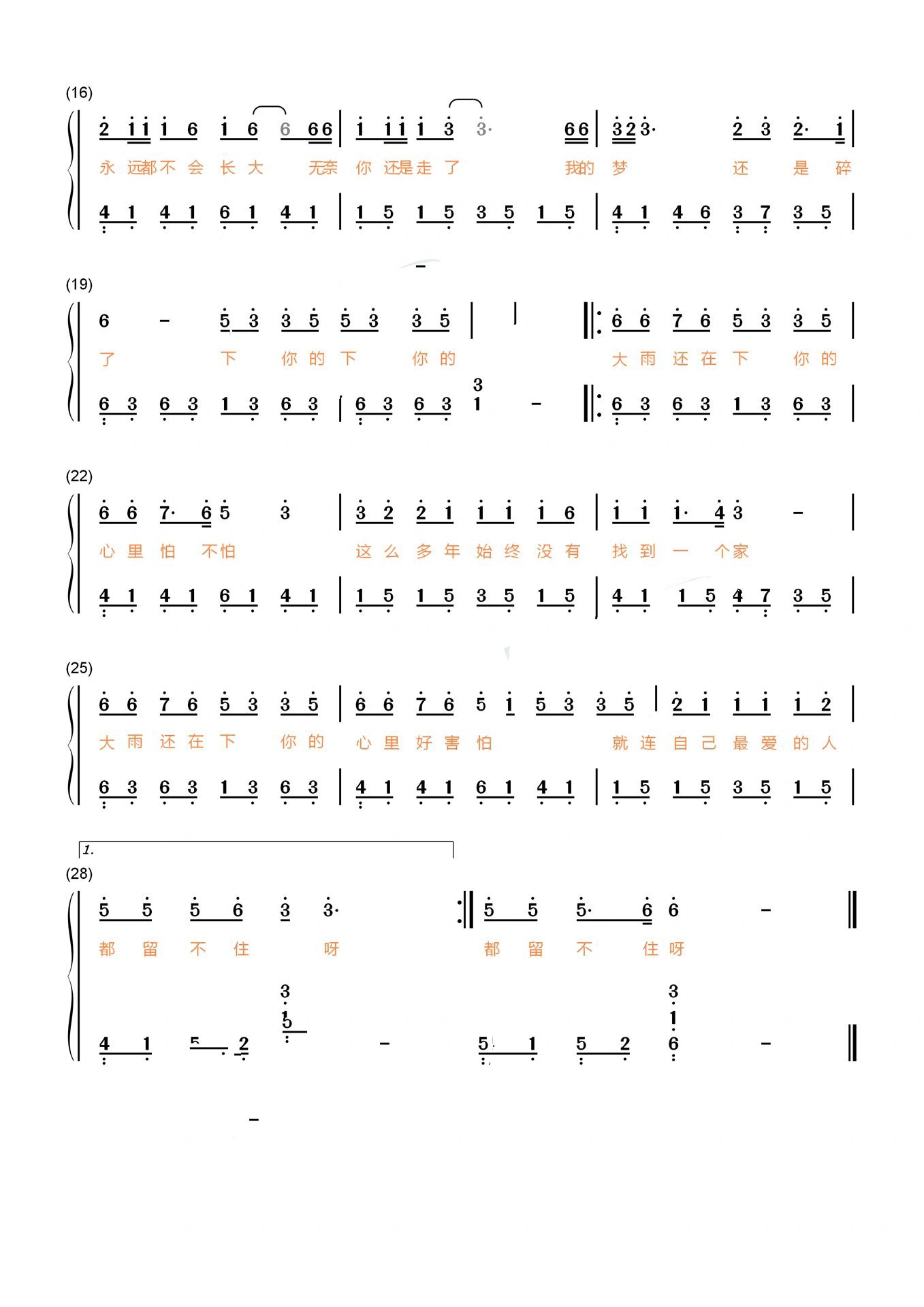 《大雨还在下》简谱钢琴双手曲谱